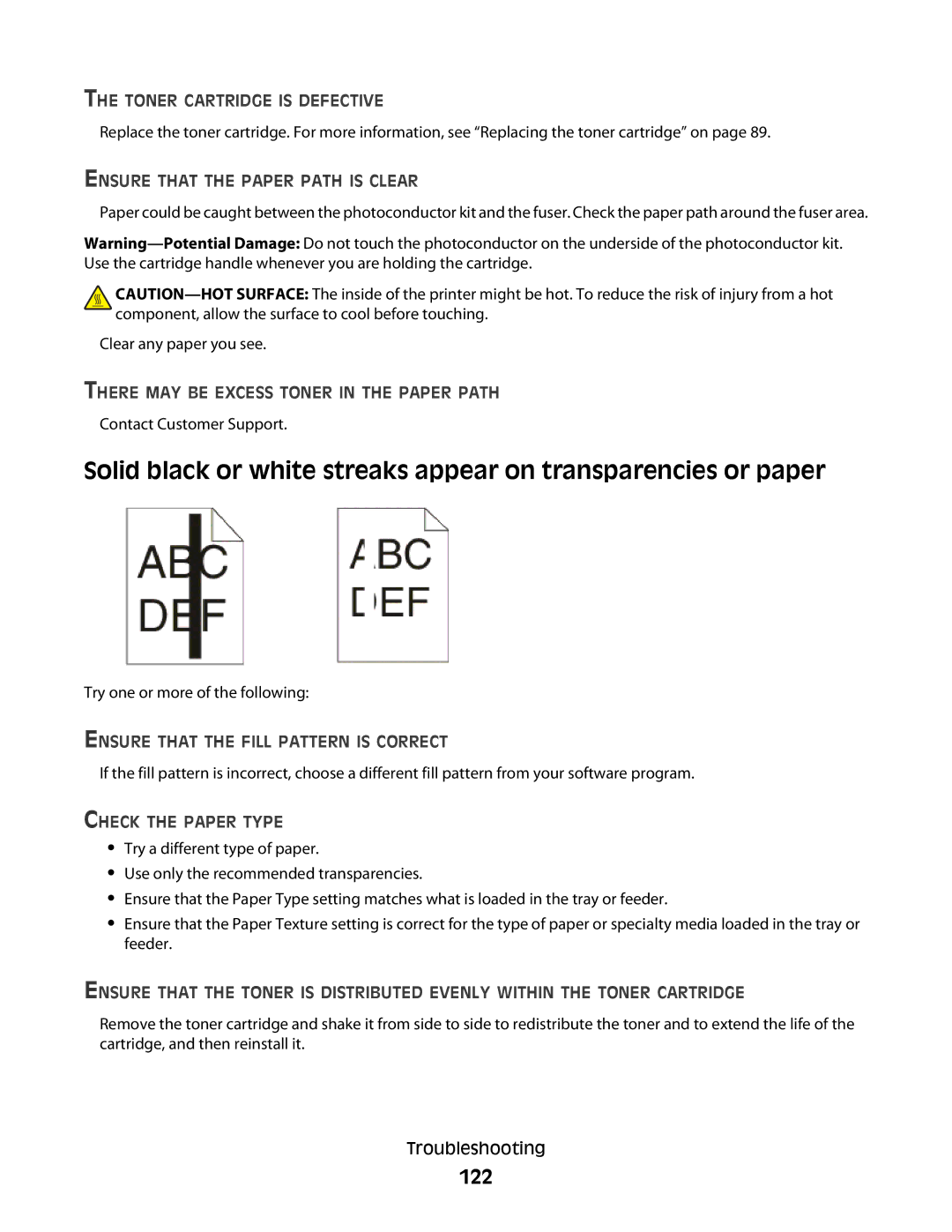 Dell 2230d manual 122, Toner Cartridge is Defective, Ensure That the Fill Pattern is Correct, Check the Paper Type 