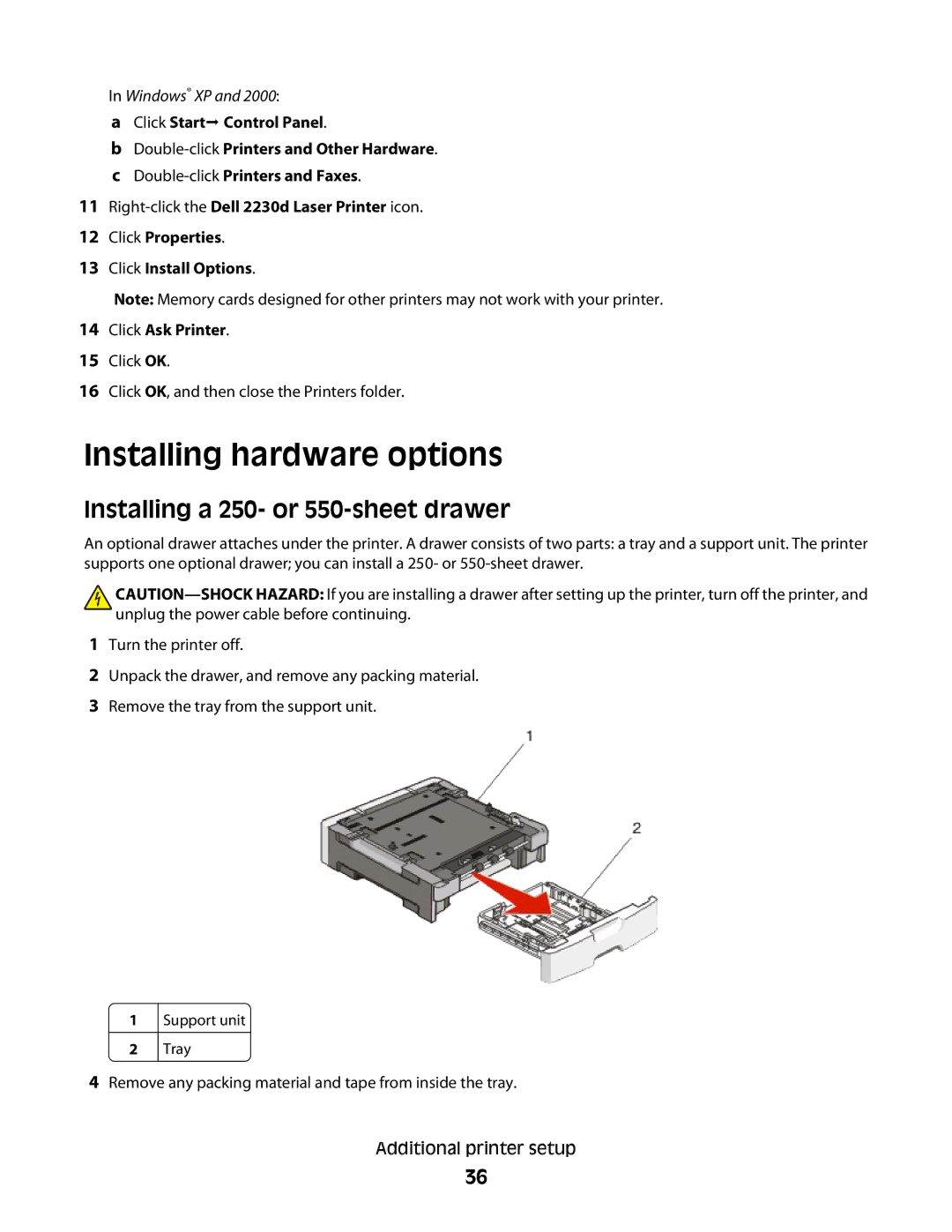 Dell 2230d manual Installing hardware options, Installing a 250- or 550-sheet drawer 