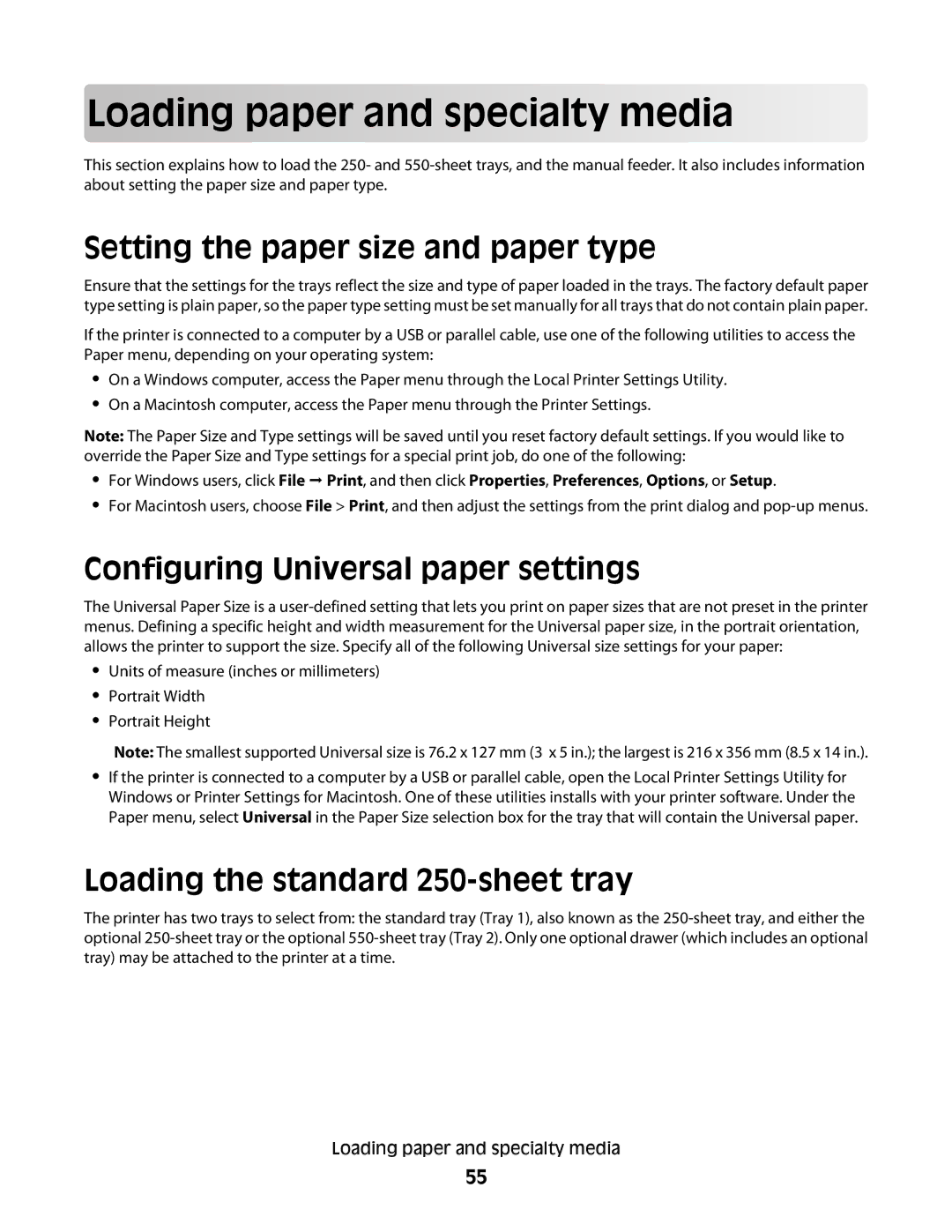 Dell 2230d manual Load in g pape r a nd s p ecialty media, Setting the paper size and paper type 