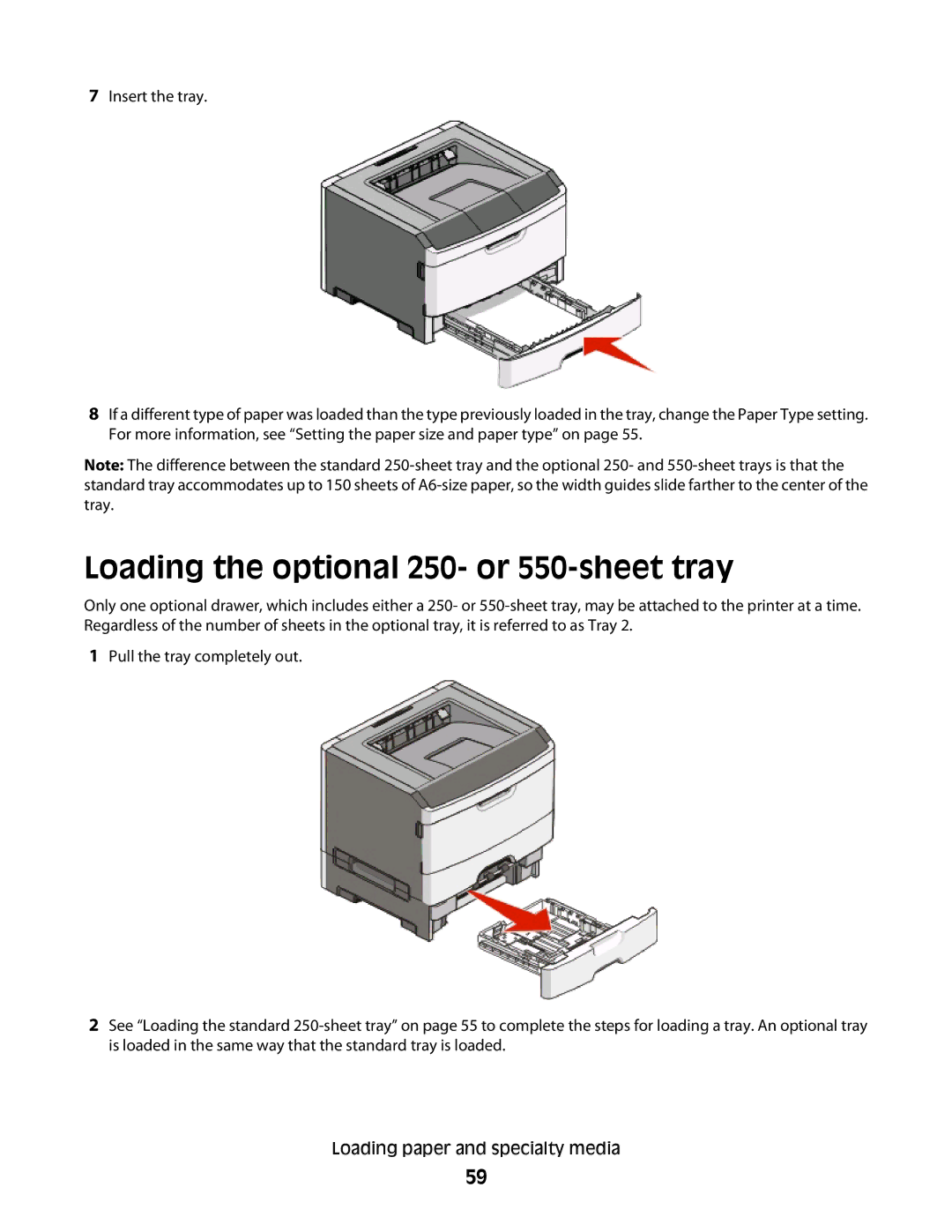 Dell 2230d manual Loading the optional 250- or 550-sheet tray 