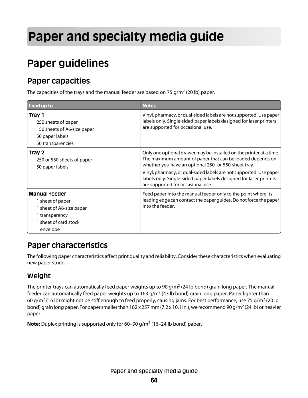 Dell 2230d manual Pap er and specialty m e dia g uide, Paper guidelines, Paper capacities, Paper characteristics, Weight 