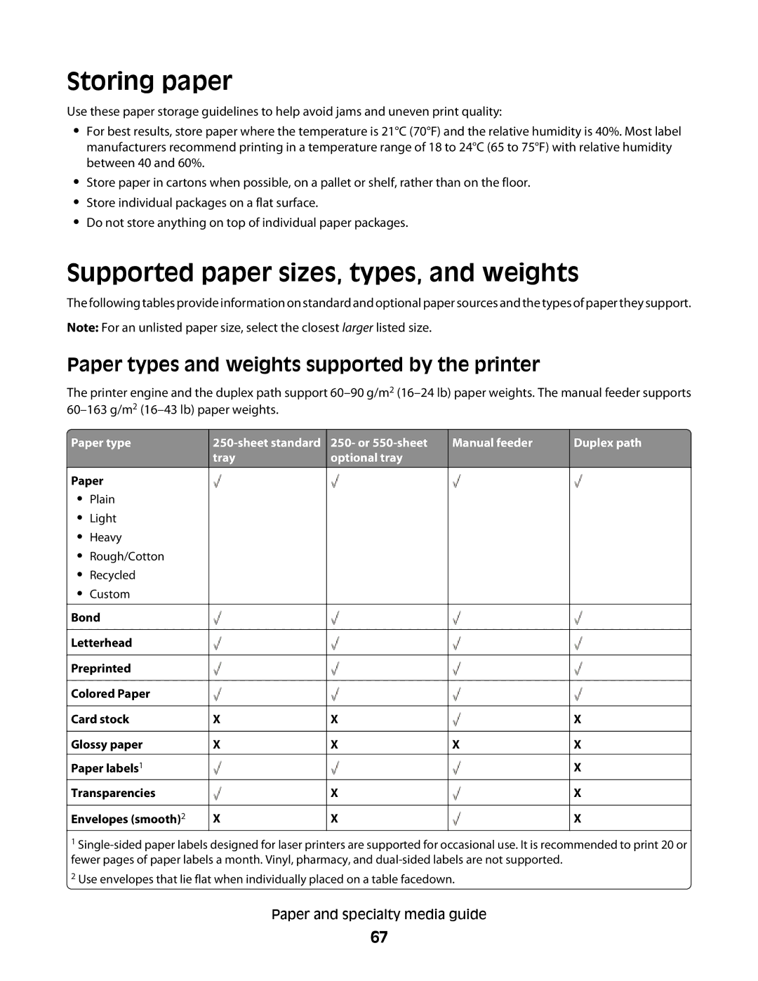 Dell 2230d Storing paper, Supported paper sizes, types, and weights, Paper types and weights supported by the printer 