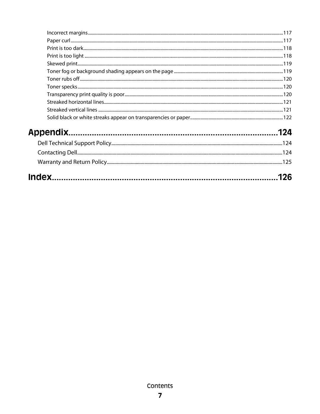 Dell 2230d manual 124, 126 