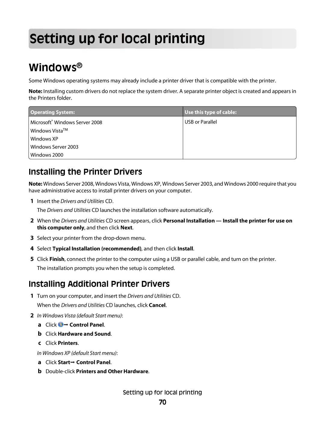 Dell 2230d Setting up for lo cal printin g, Windows, Installing the Printer Drivers, Installing Additional Printer Drivers 