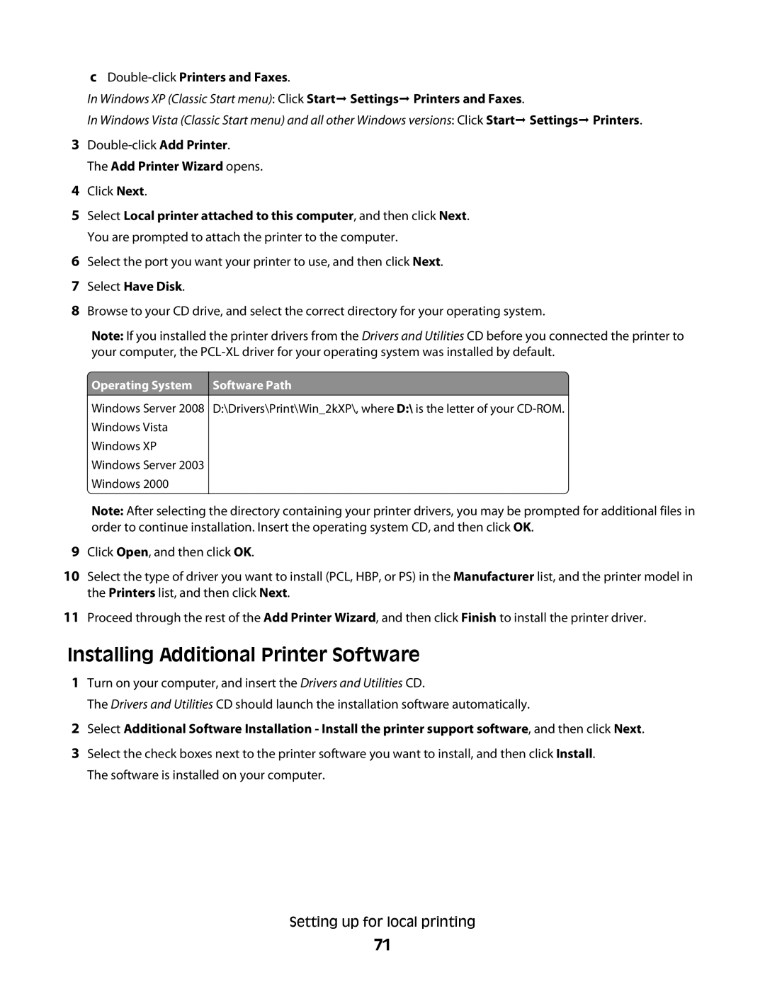 Dell 2230d manual Installing Additional Printer Software, Operating System Software Path 