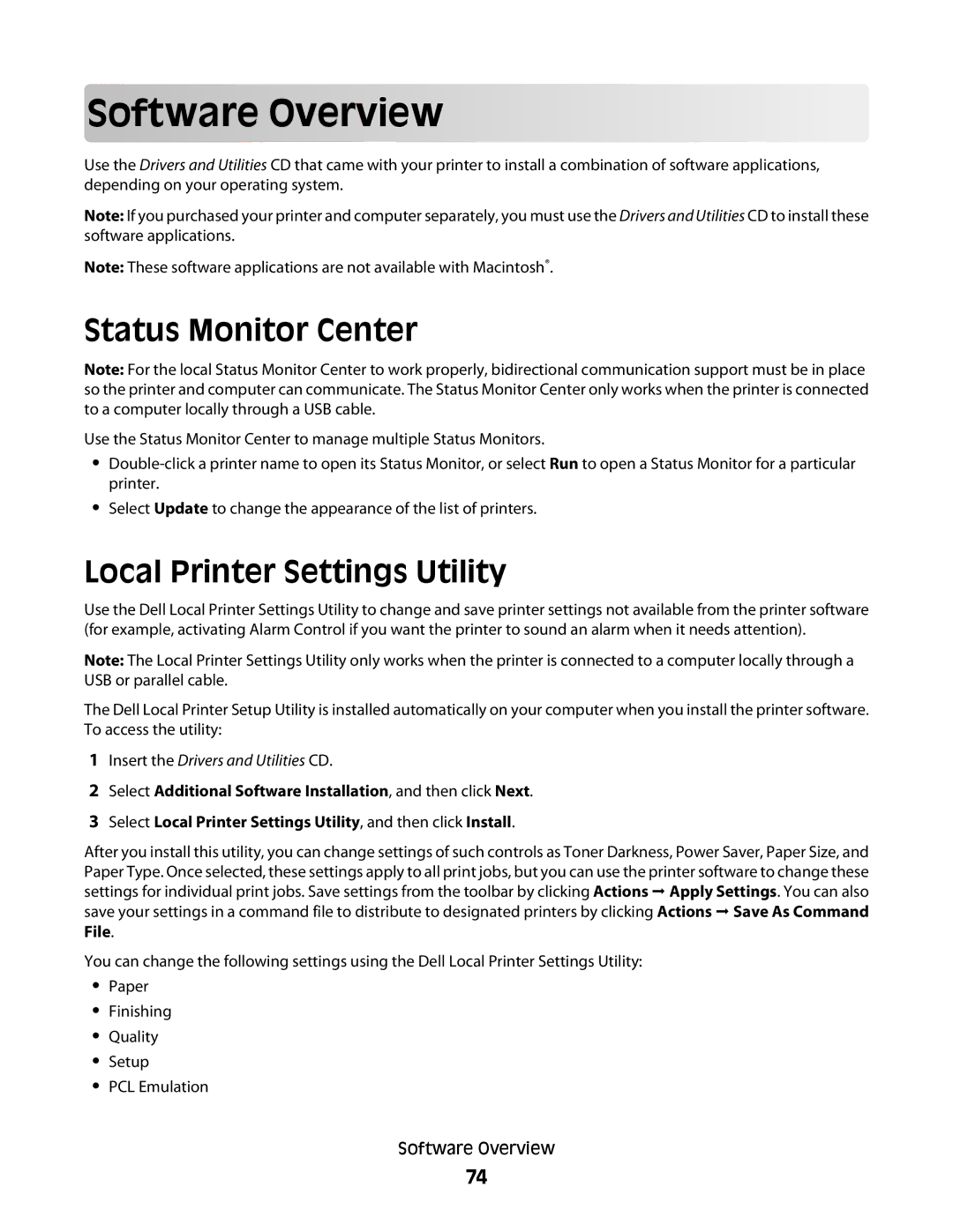 Dell 2230d manual Software O verview, Status Monitor Center, Local Printer Settings Utility 