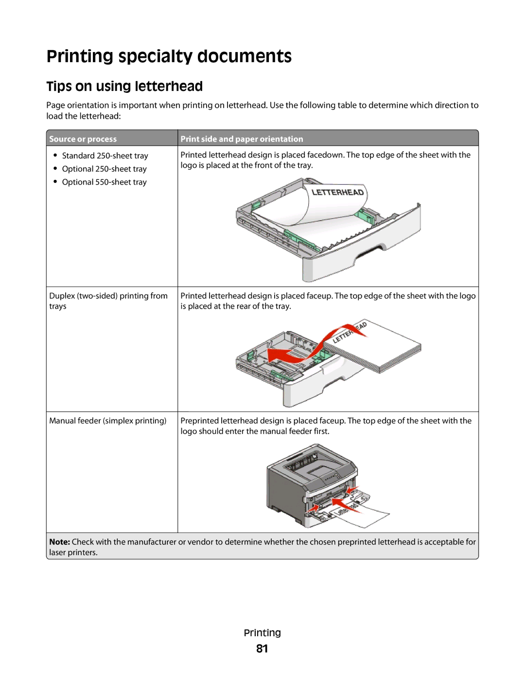 Dell 2230d Printing specialty documents, Tips on using letterhead, Source or process, Print side and paper orientation 