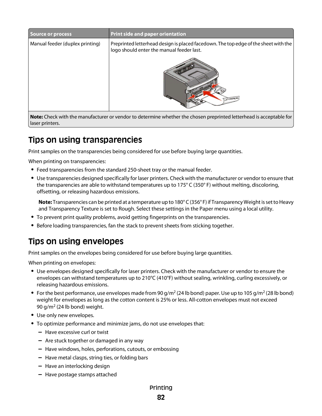 Dell 2230d manual Tips on using transparencies, Tips on using envelopes 