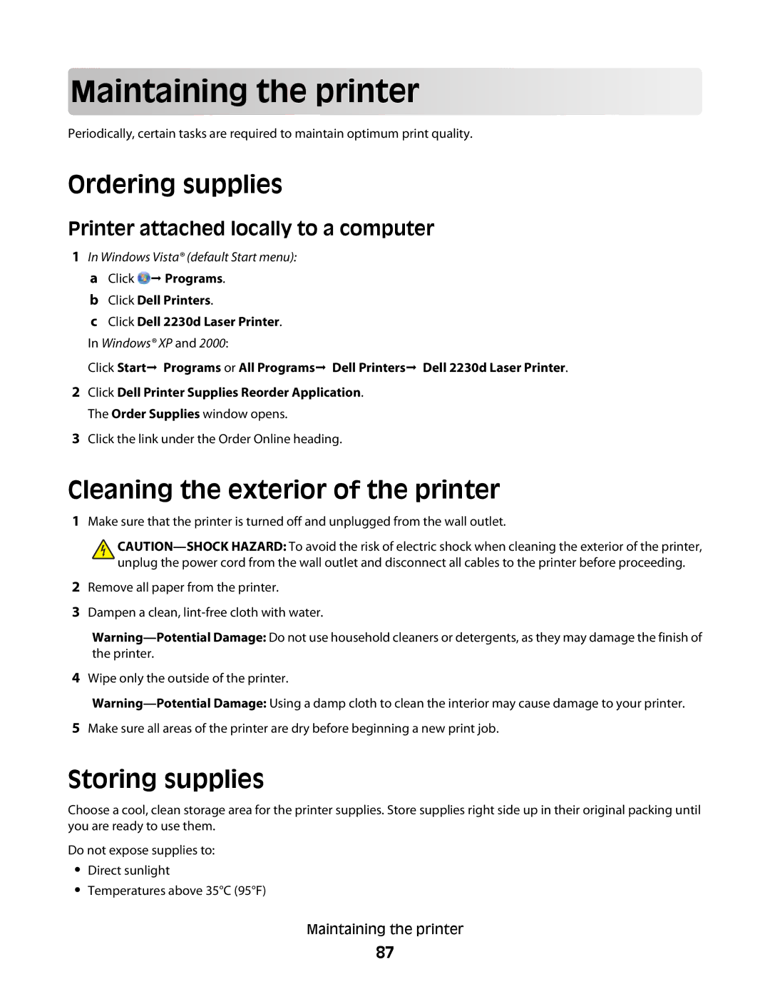 Dell 2230d manual Main taining th e prin t er, Ordering supplies, Cleaning the exterior of the printer, Storing supplies 