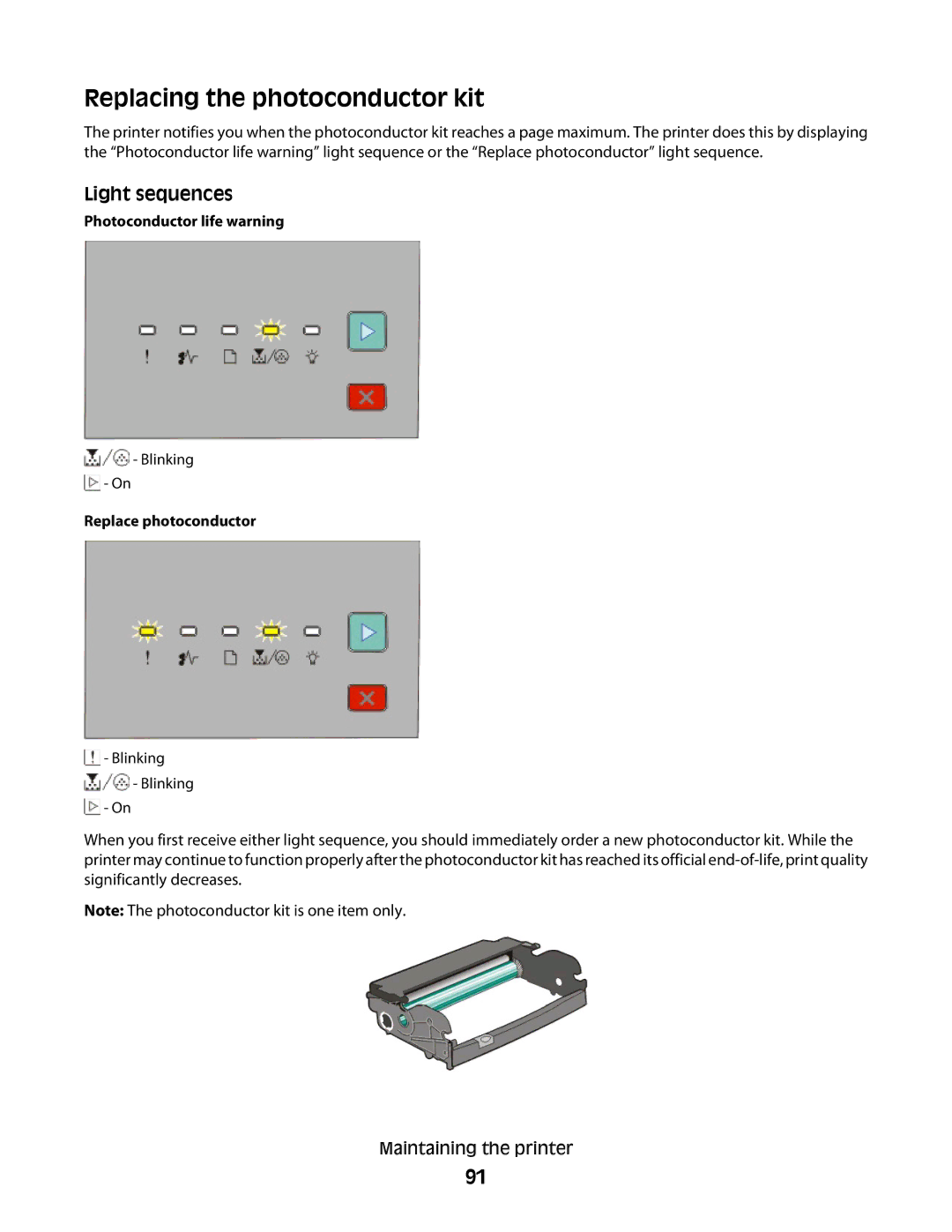 Dell 2230d manual Replacing the photoconductor kit, Light sequences 