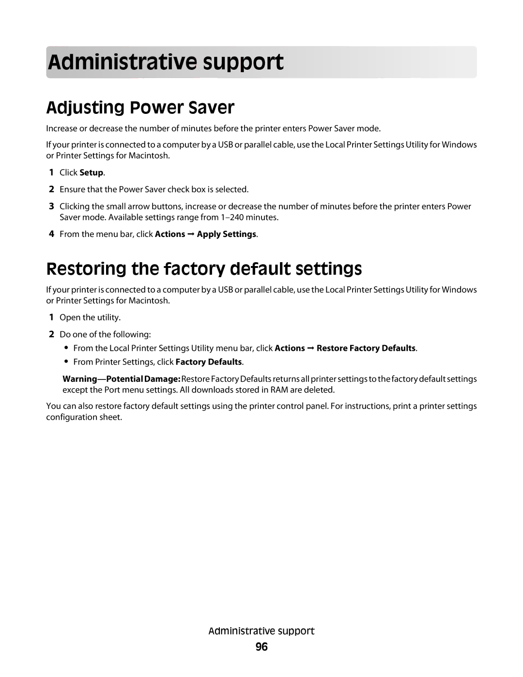 Dell 2230d manual Adm inistra tiv e support, Adjusting Power Saver, Restoring the factory default settings 