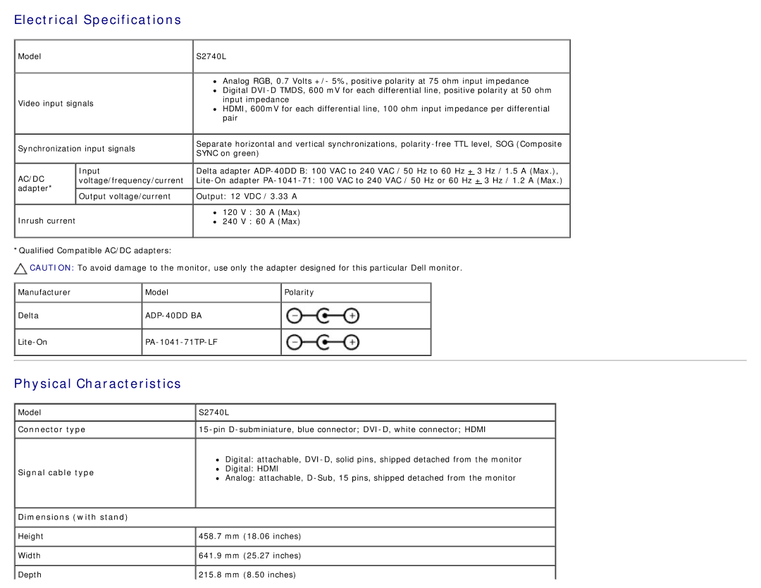 Dell S2740LB Electrical Specifications, Physical Characteristics, Connector type, Signal cable type, Dimensions with stand 