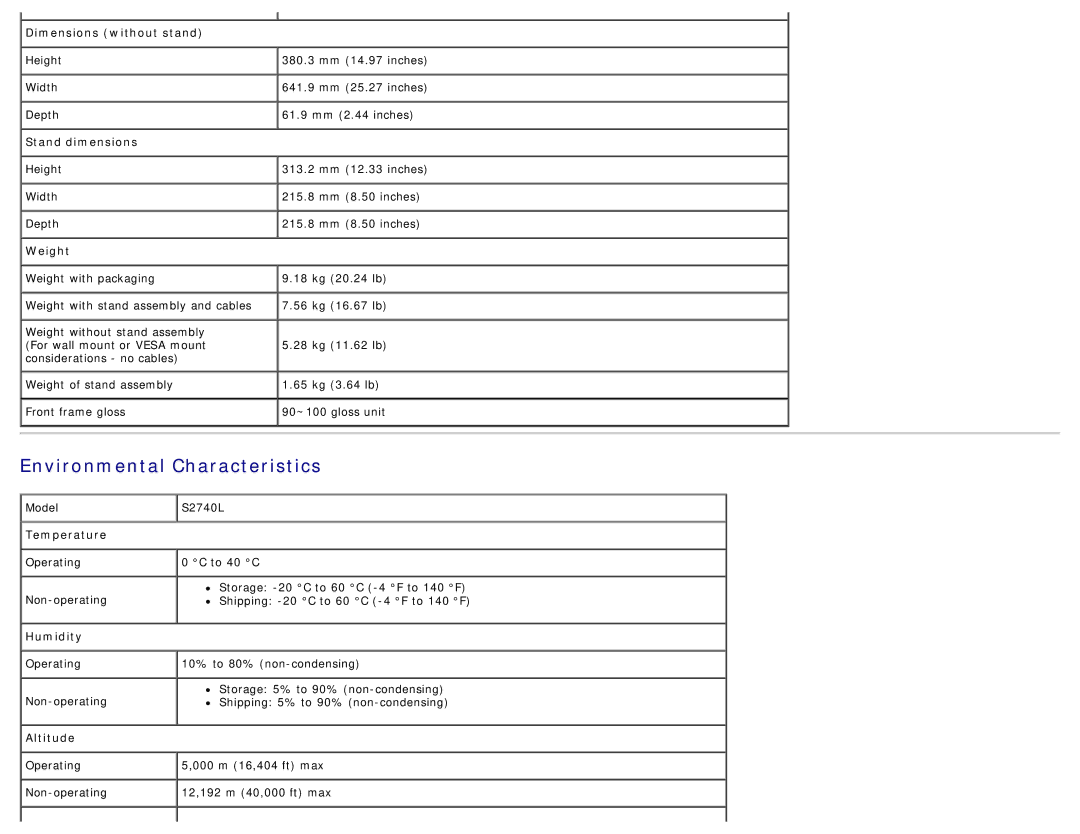 Dell 225-3894, S2740LB manual Environmental Characteristics 