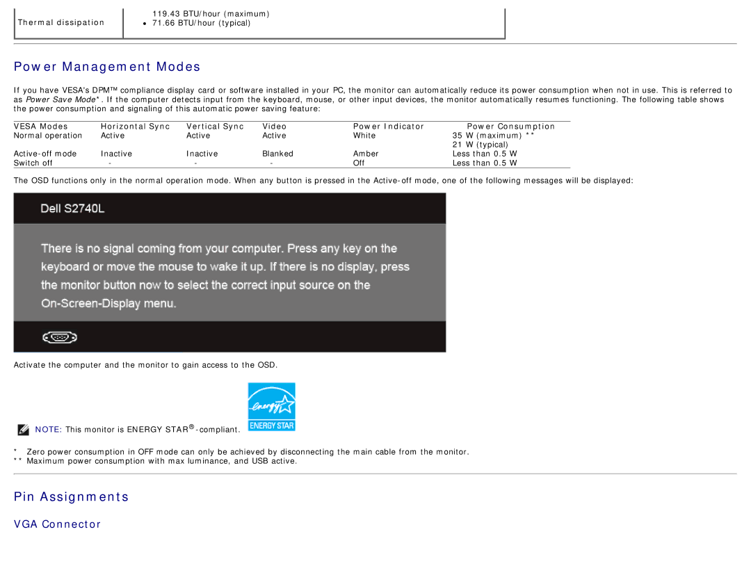 Dell S2740LB, 225-3894 manual Power Management Modes, Pin Assignments, Thermal dissipation 