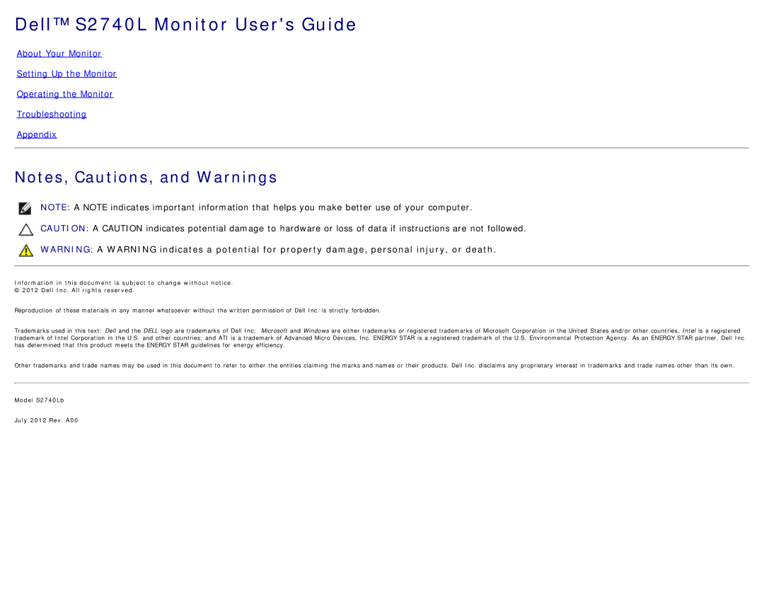 Dell 225-3894, S2740LB manual Dell S2740L Monitor Users Guide 