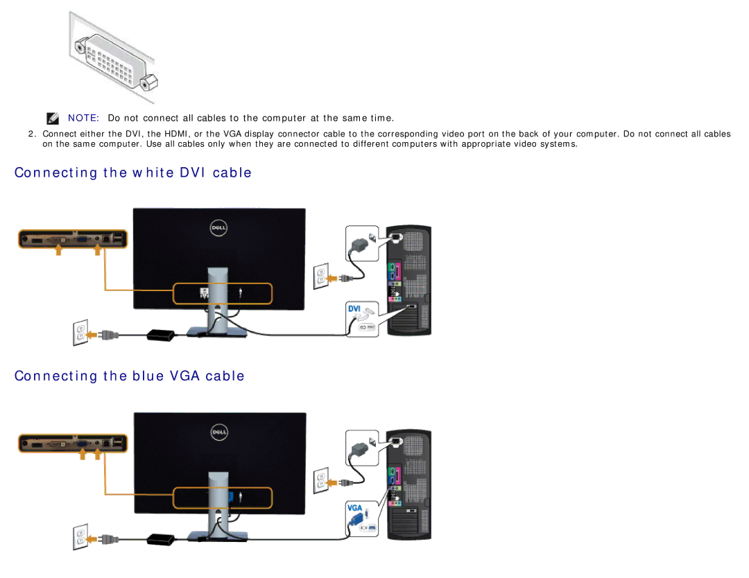 Dell S2740LB, 225-3894 manual Connecting the white DVI cable Connecting the blue VGA cable 