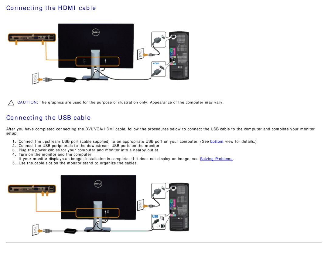 Dell 225-3894, S2740LB manual Connecting the Hdmi cable Connecting the USB cable 