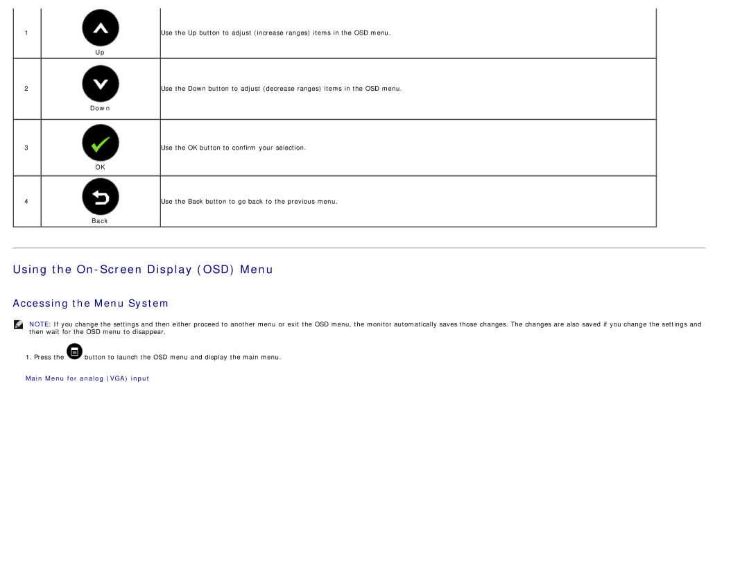 Dell 225-3894, S2740LB manual Using the On-Screen Display OSD Menu, Down Back 