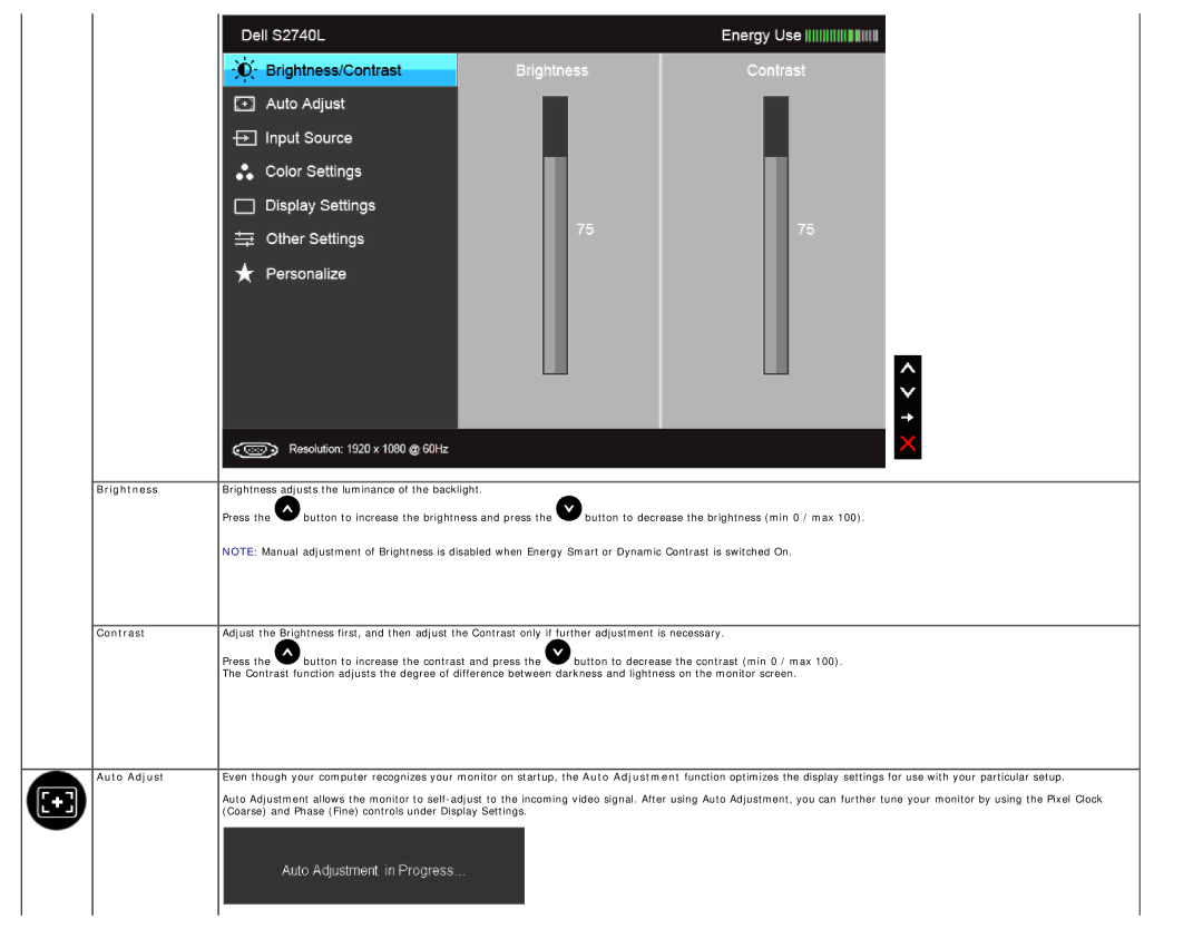 Dell 225-3894, S2740LB manual Brightness, Contrast, Auto Adjust 