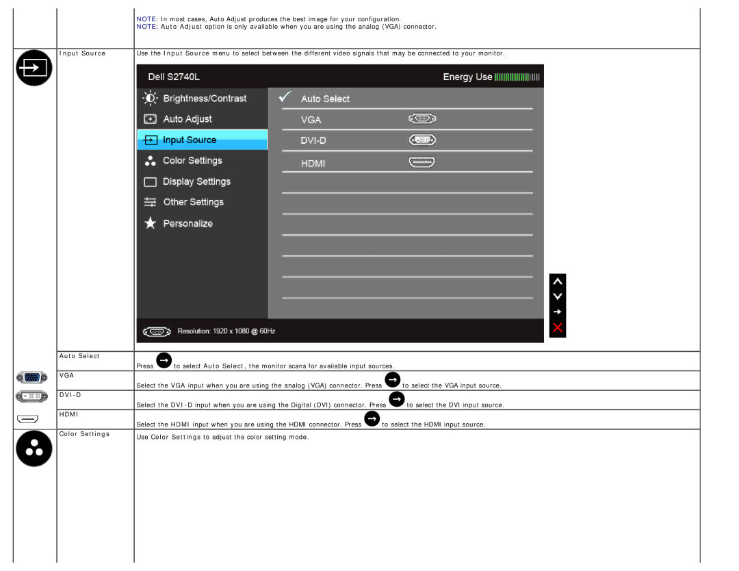 Dell S2740LB, 225-3894 manual Input Source Auto Select, Color Settings 