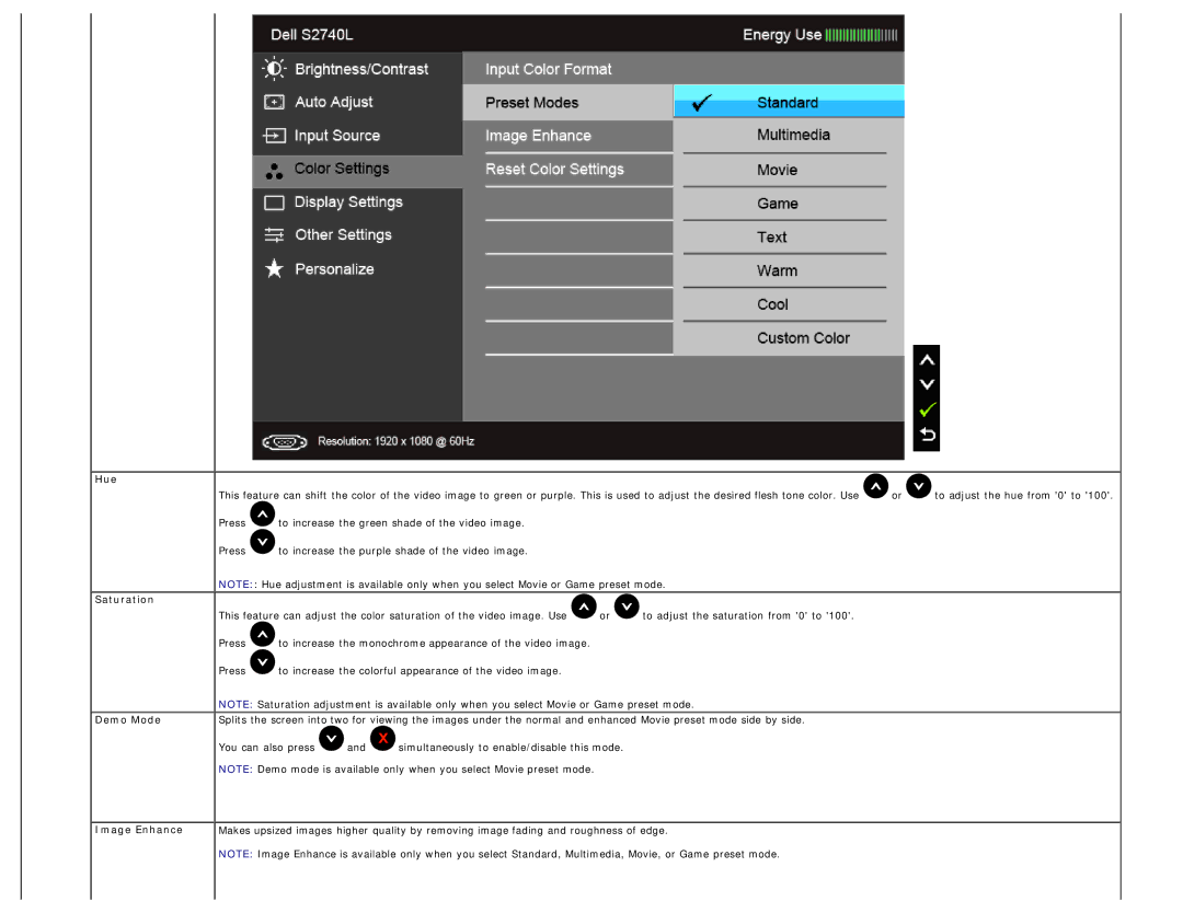 Dell 225-3894, S2740LB manual Hue, Saturation, Demo Mode 