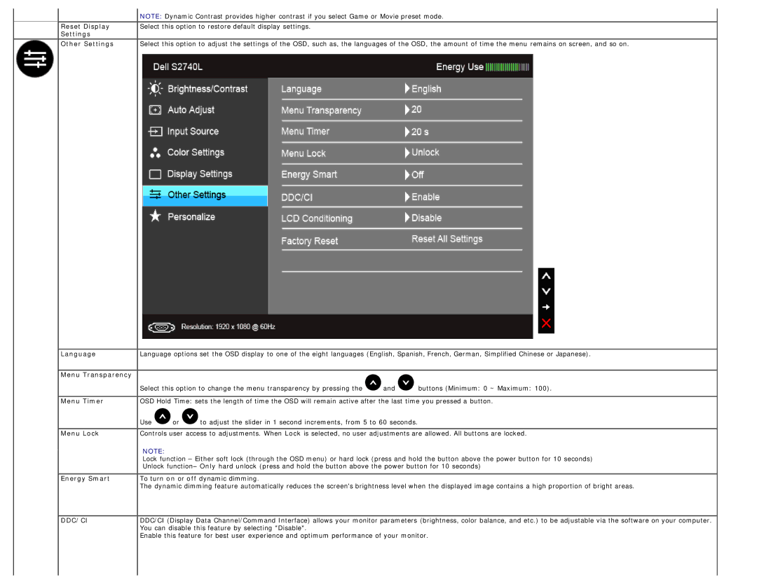 Dell 225-3894, S2740LB manual Menu Transparency, Menu Timer, Menu Lock, Energy Smart 