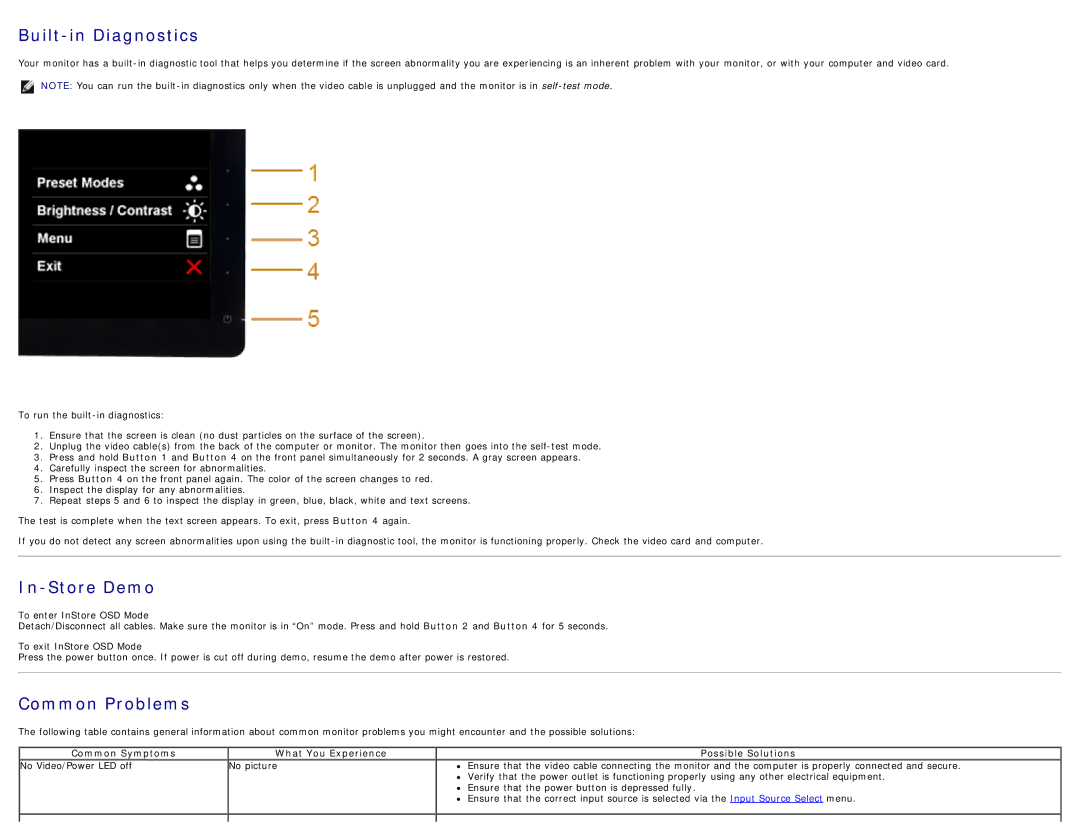 Dell S2740LB, 225-3894 manual Built-in Diagnostics, Common Symptoms What You Experience Possible Solutions 