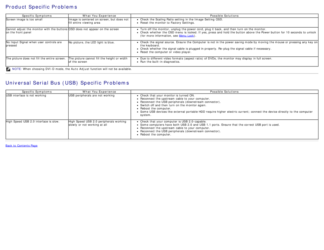 Dell S2740LB, 225-3894 manual Product Specific Problems, Specific Symptoms What You Experience Possible Solutions 