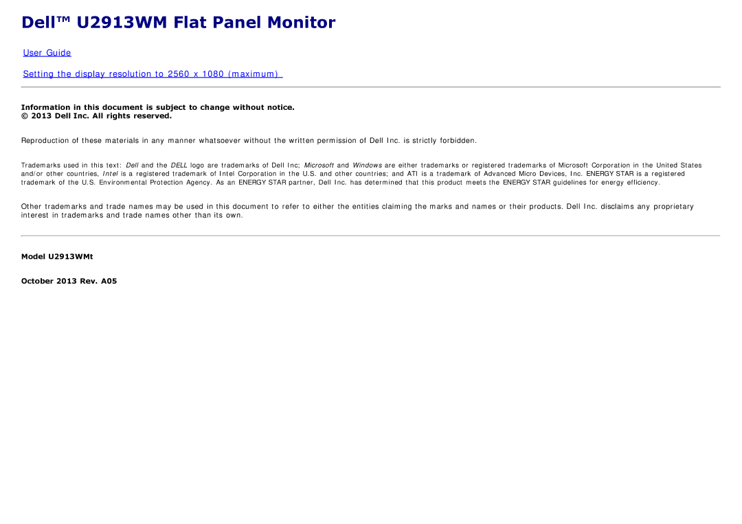 Dell 225-4201 manual Dell U2913WM Flat Panel Monitor 