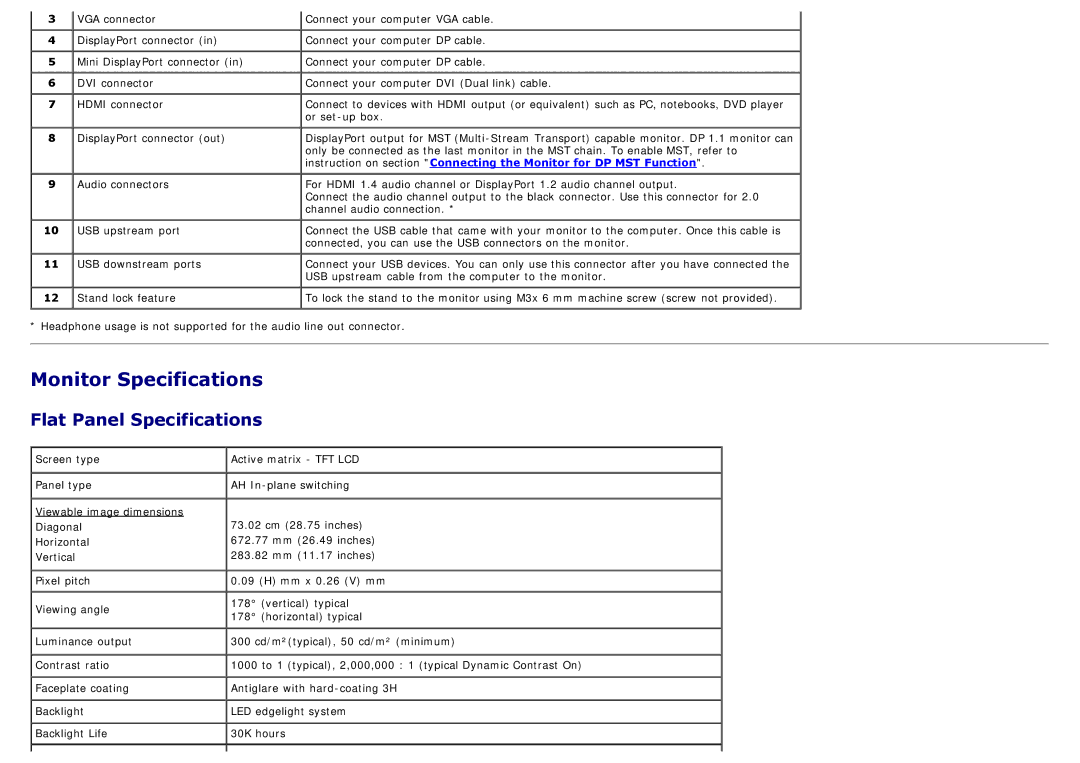 Dell 225-4201 manual Monitor Specifications, Flat Panel Specifications 