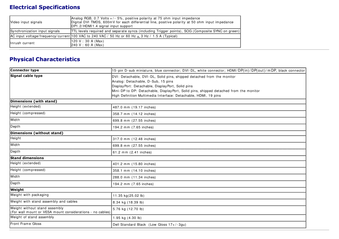 Dell 225-4201 manual Electrical Specifications, Physical Characteristics 