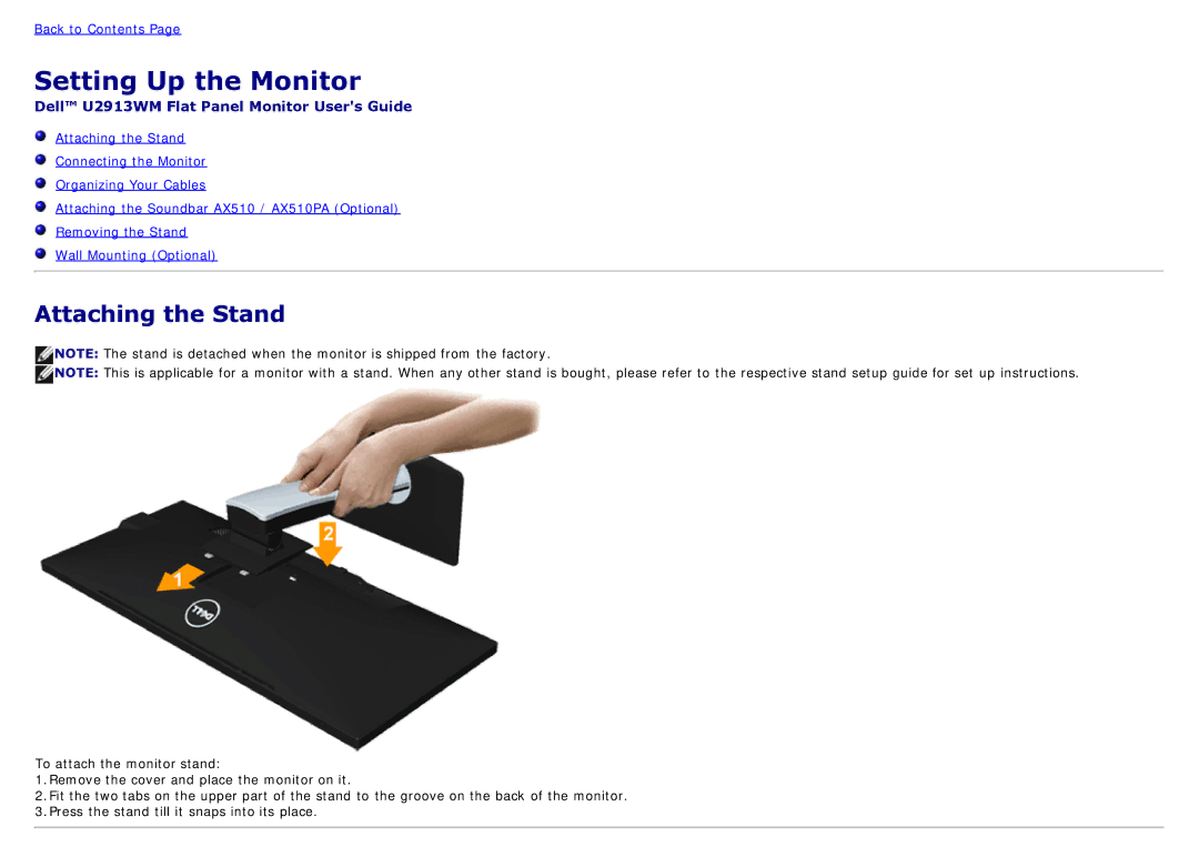 Dell 225-4201 manual Setting Up the Monitor, Attaching the Stand 