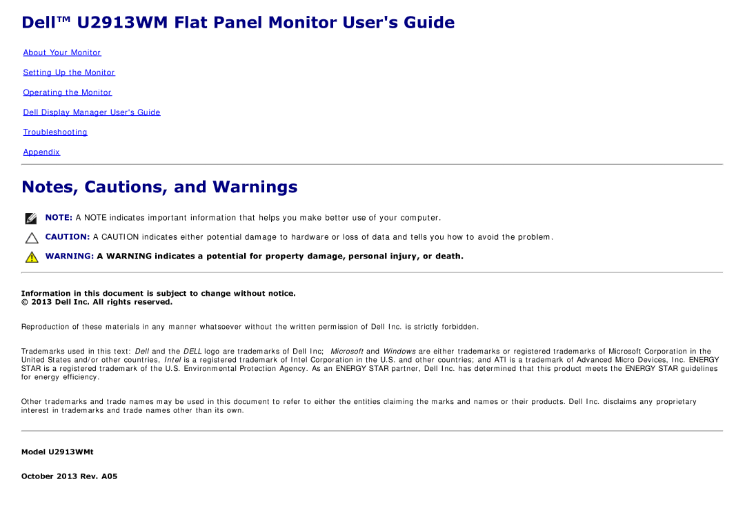 Dell 225-4201 manual Dell U2913WM Flat Panel Monitor Users Guide 