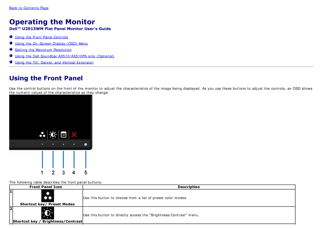 Dell 225-4201 manual Using the Front Panel, Front Panel Icon Description, Shortcut key/ Preset Modes 