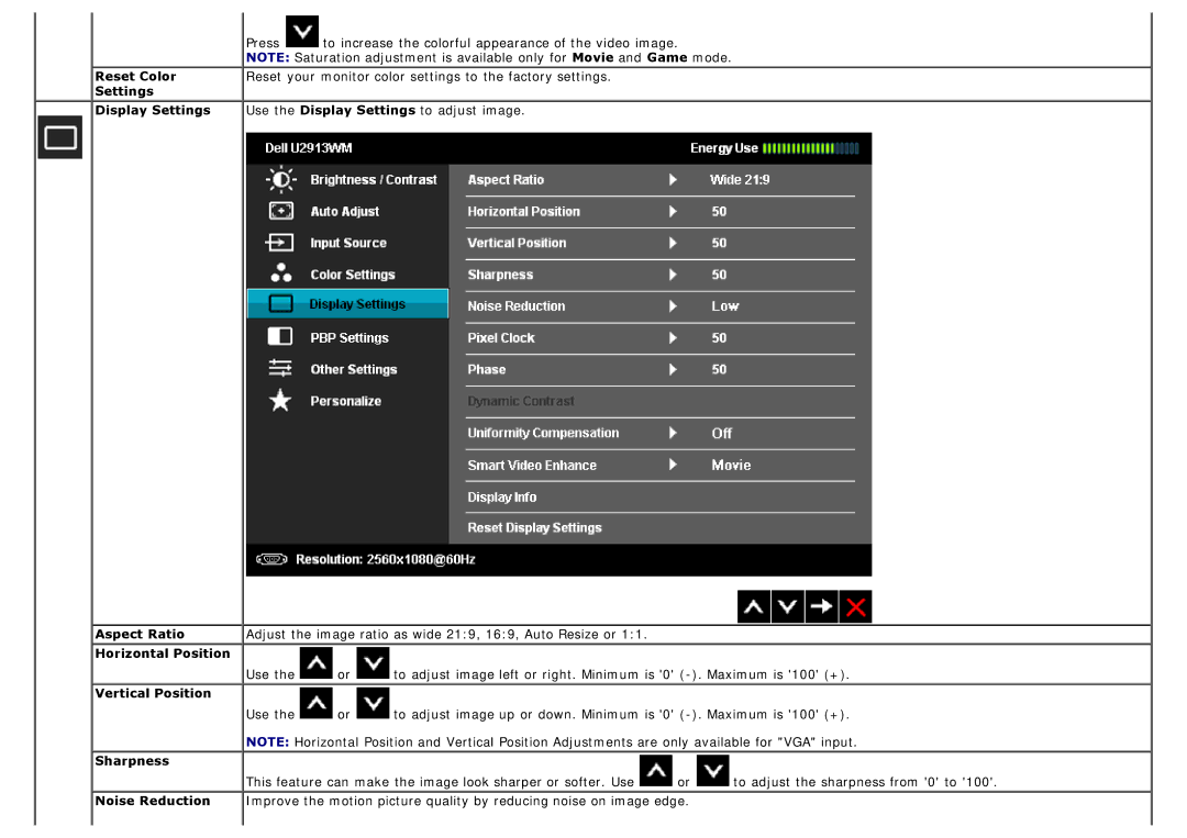 Dell 225-4201 Reset Color, Settings Display Settings, Aspect Ratio, Horizontal Position, Vertical Position, Sharpness 