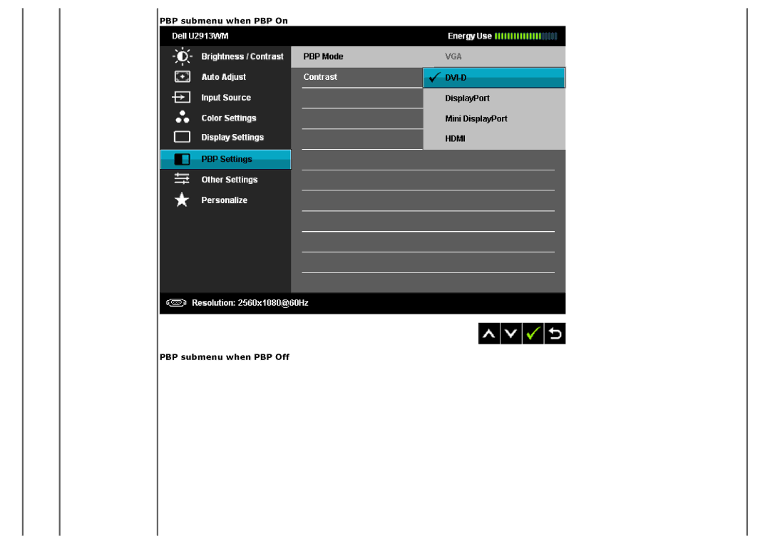 Dell 225-4201 manual PBP submenu when PBP On PBP submenu when PBP Off 