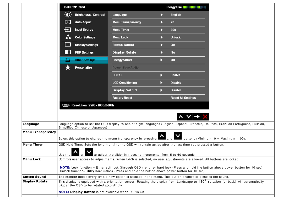 Dell 225-4201 manual Language, Menu Transparency, Menu Timer, Menu Lock, Button Sound, Display Rotate 