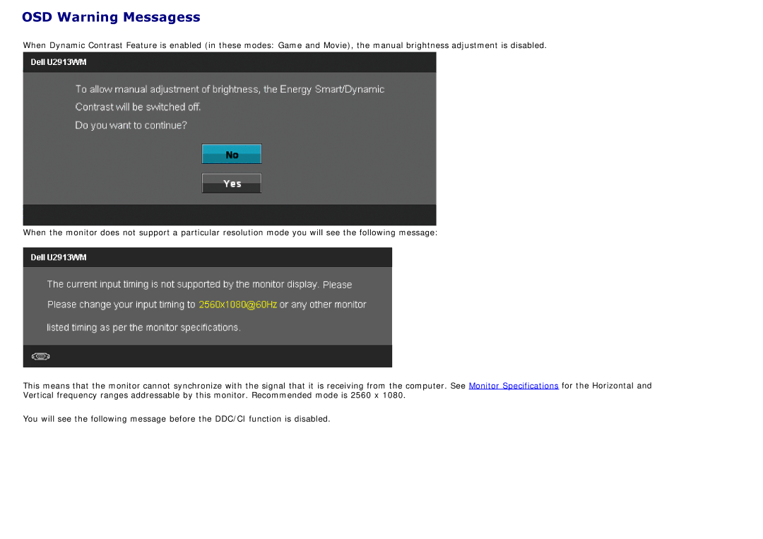 Dell 225-4201 manual OSD Warning Messagess 