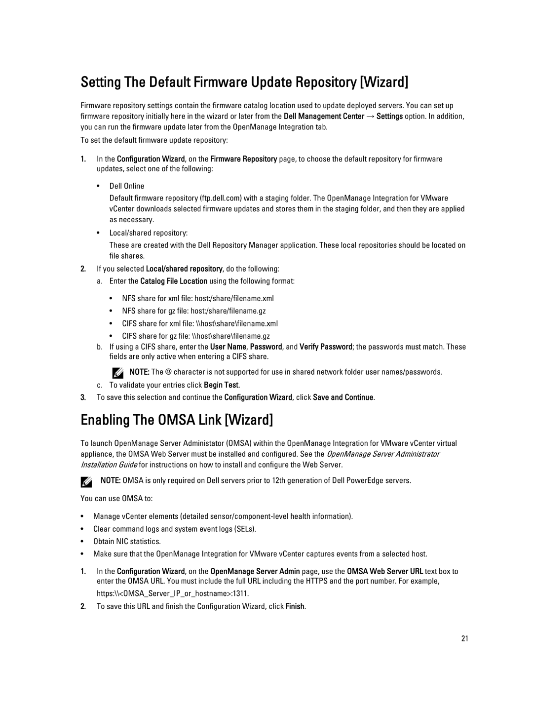 Dell 2.3 manual Setting The Default Firmware Update Repository Wizard, Enabling The Omsa Link Wizard 