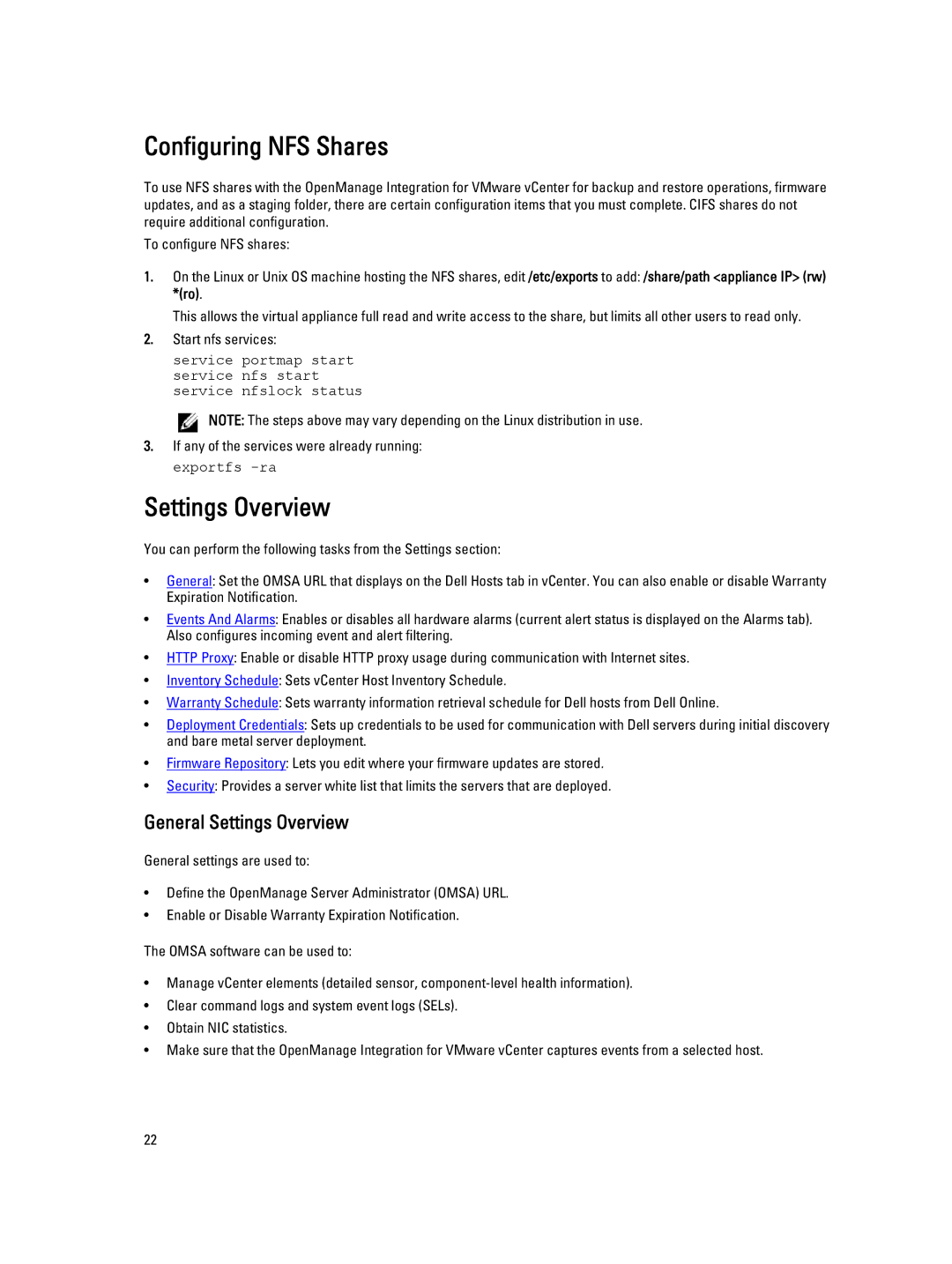 Dell 2.3 manual Configuring NFS Shares, General Settings Overview 
