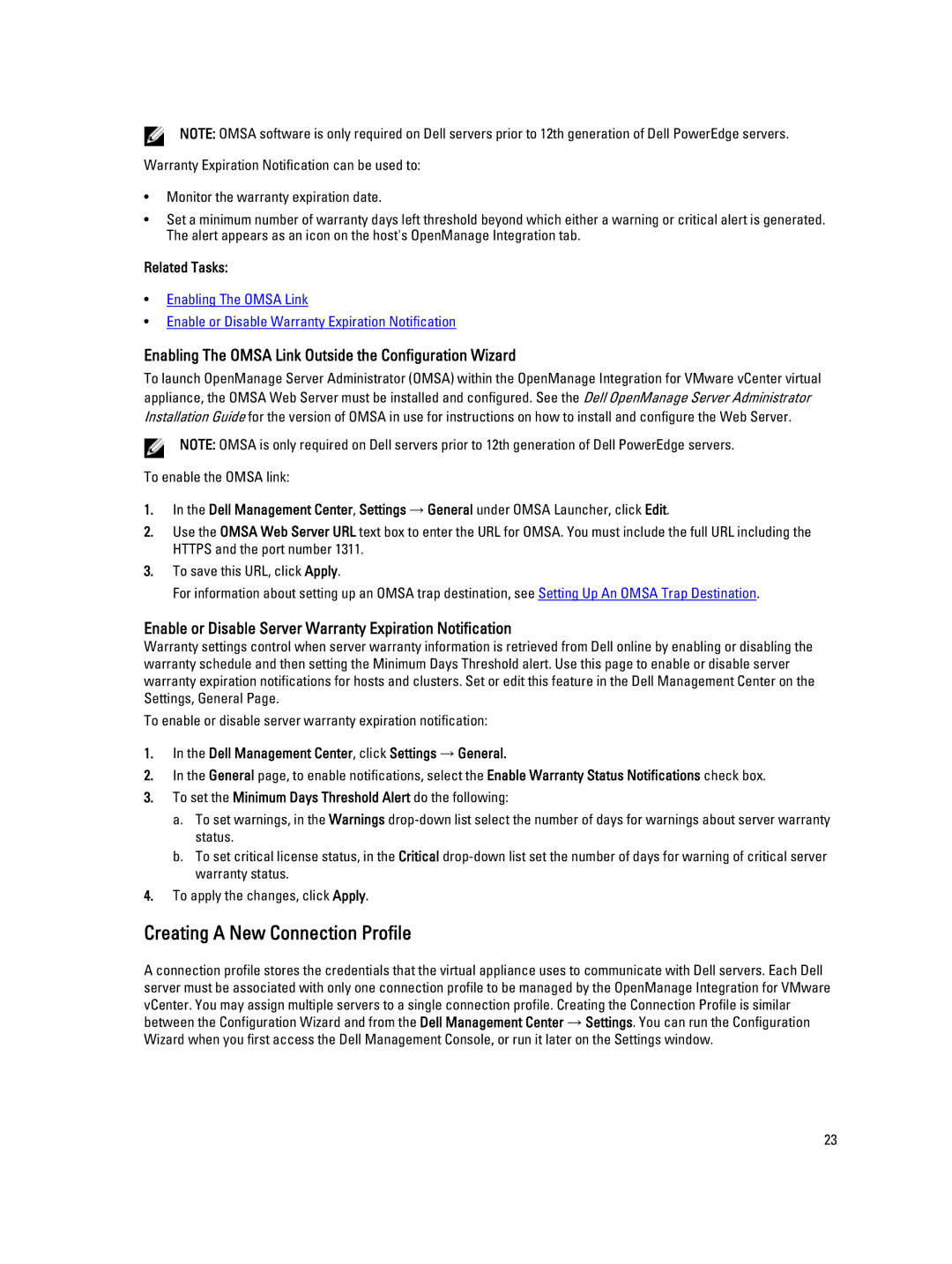 Dell 2.3 manual Creating a New Connection Profile, Enabling The Omsa Link Outside the Configuration Wizard 