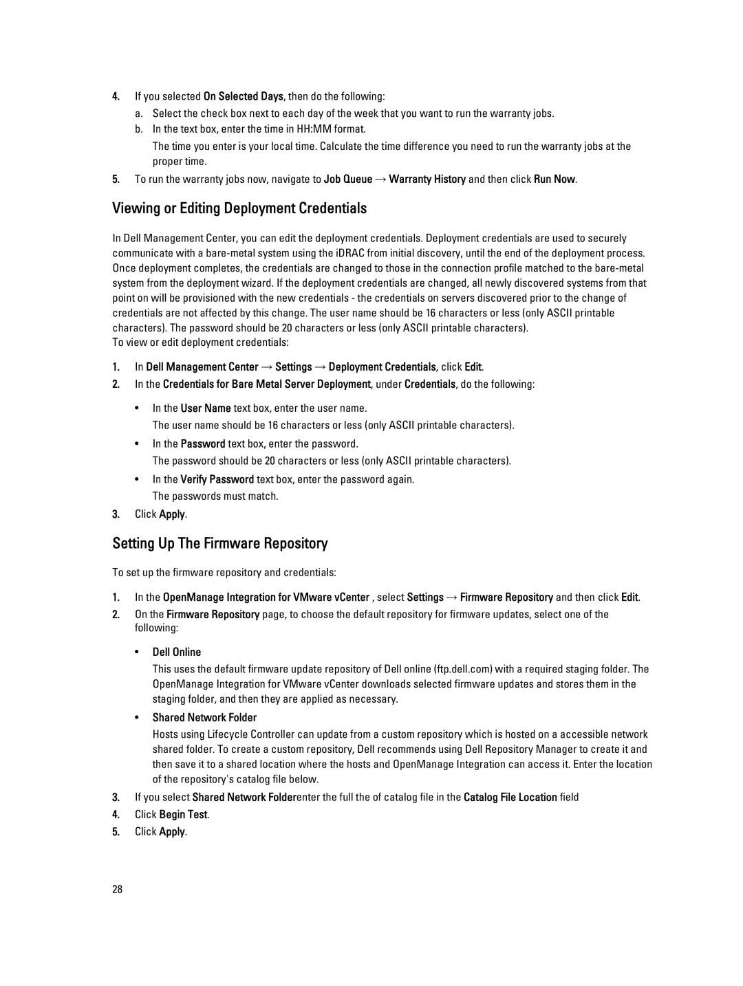 Dell 2.3 Viewing or Editing Deployment Credentials, Setting Up The Firmware Repository, Dell Online Shared Network Folder 