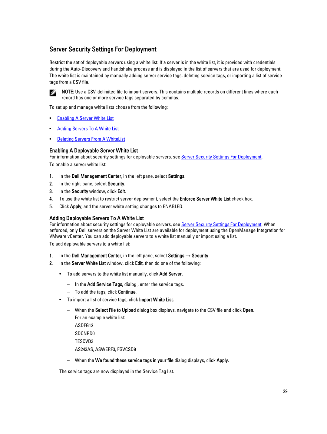 Dell 2.3 manual Server Security Settings For Deployment, Enabling a Deployable Server White List 