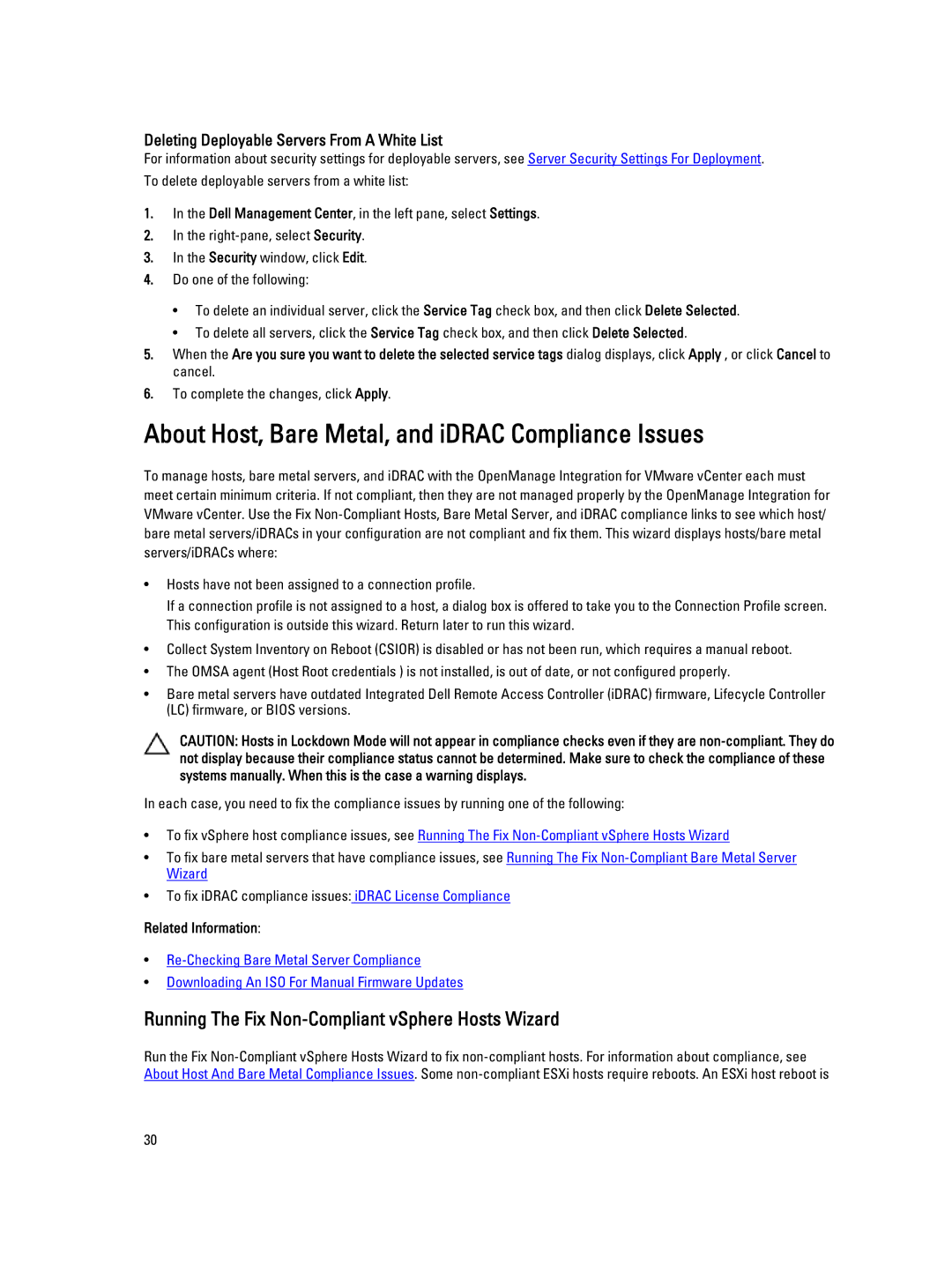Dell 2.3 manual About Host, Bare Metal, and iDRAC Compliance Issues, Running The Fix Non-Compliant vSphere Hosts Wizard 