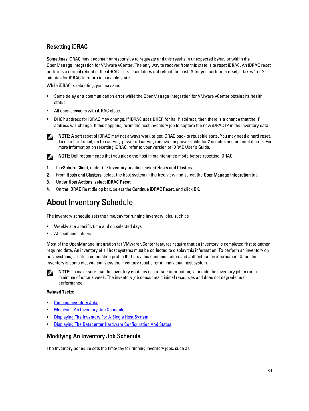 Dell 2.3 manual About Inventory Schedule, Resetting iDRAC, Modifying An Inventory Job Schedule 