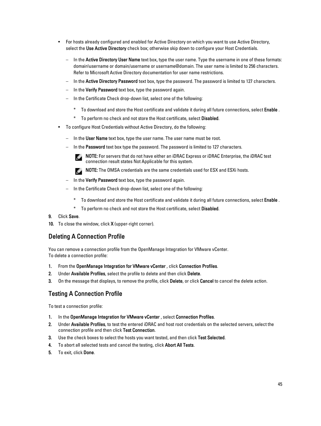 Dell 2.3 manual Deleting a Connection Profile, Testing a Connection Profile 