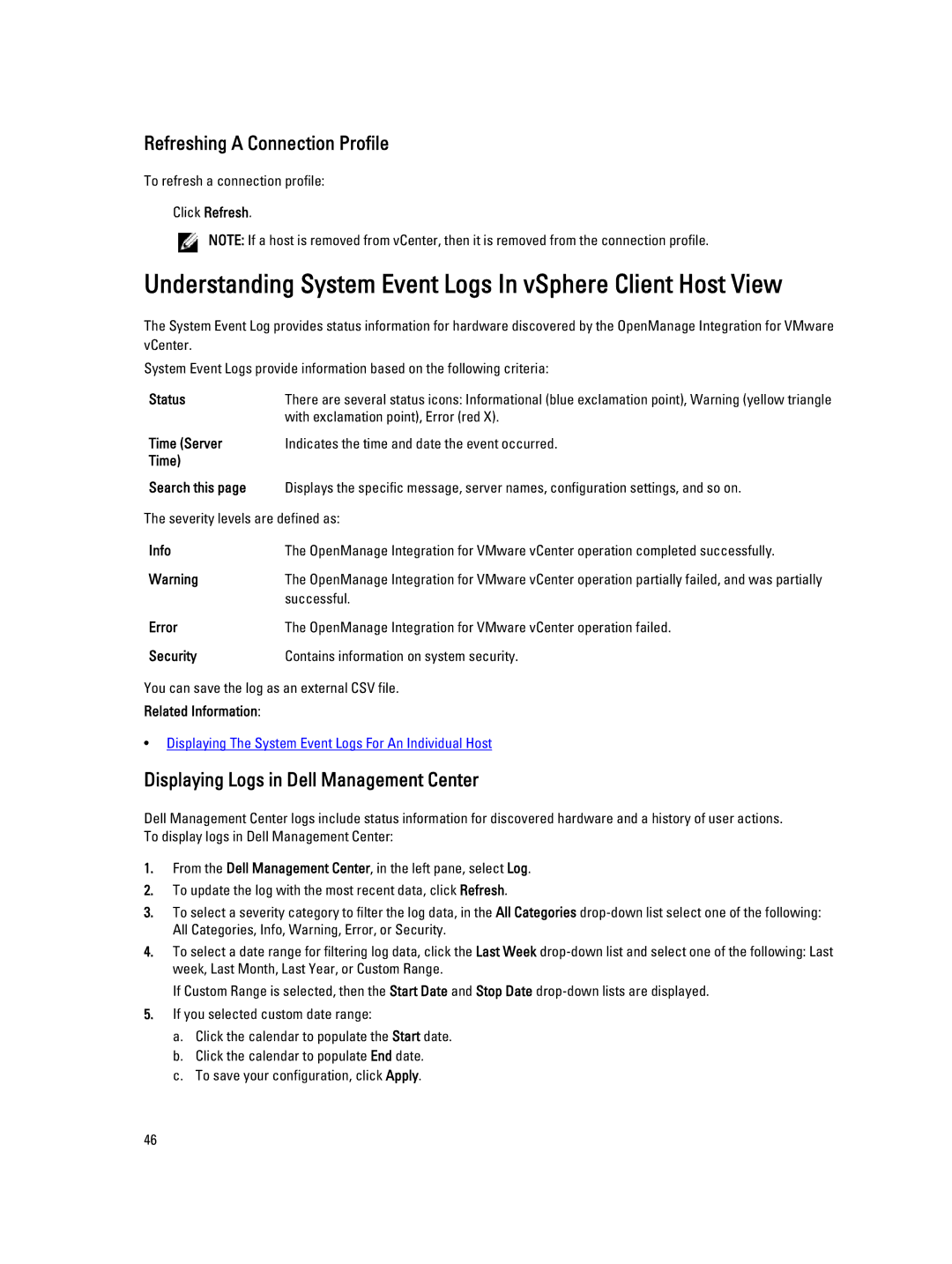 Dell 2.3 manual Understanding System Event Logs In vSphere Client Host View, Refreshing a Connection Profile 