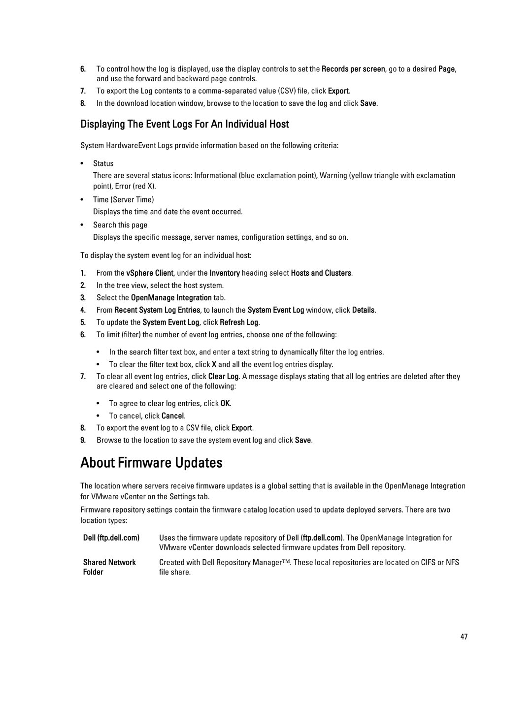 Dell 2.3 manual About Firmware Updates, Displaying The Event Logs For An Individual Host, Dell ftp.dell.com, Shared Network 