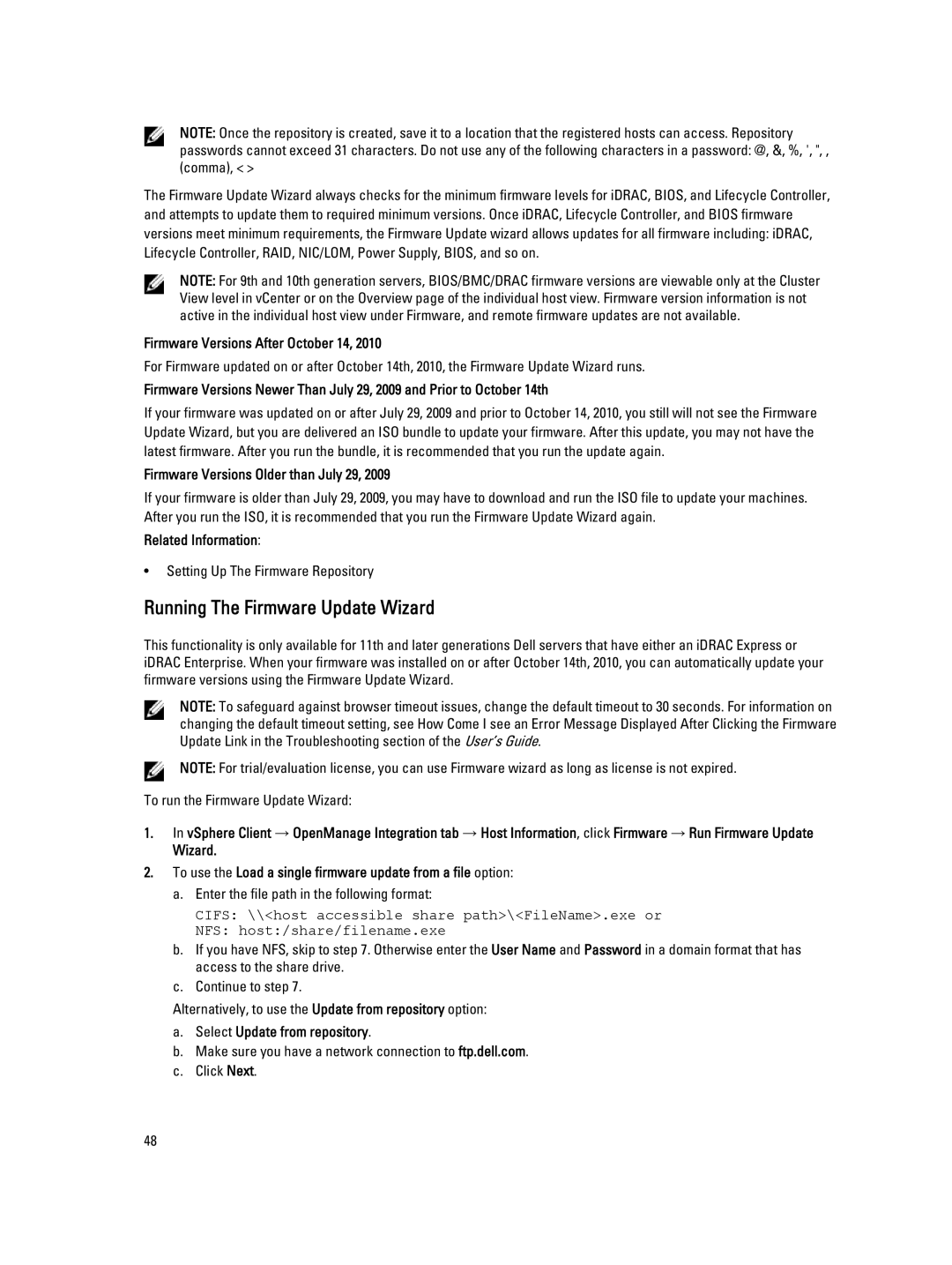 Dell 2.3 Running The Firmware Update Wizard, Firmware Versions After October 14, Firmware Versions Older than July 29 