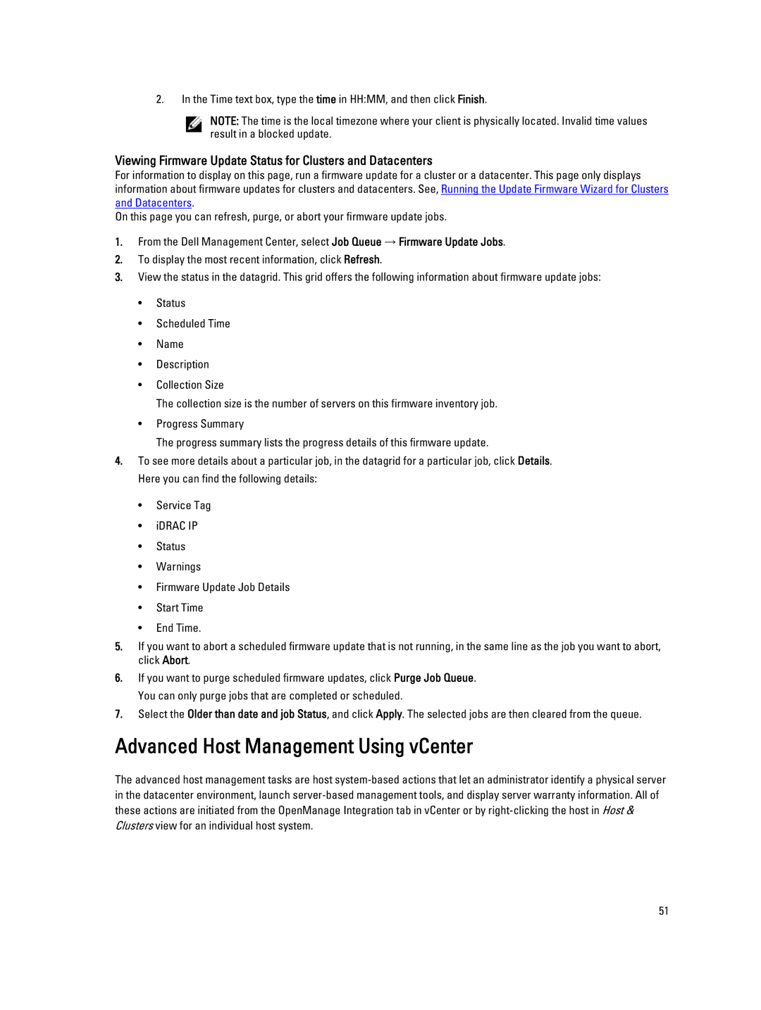 Dell 2.3 manual Advanced Host Management Using vCenter, Viewing Firmware Update Status for Clusters and Datacenters 